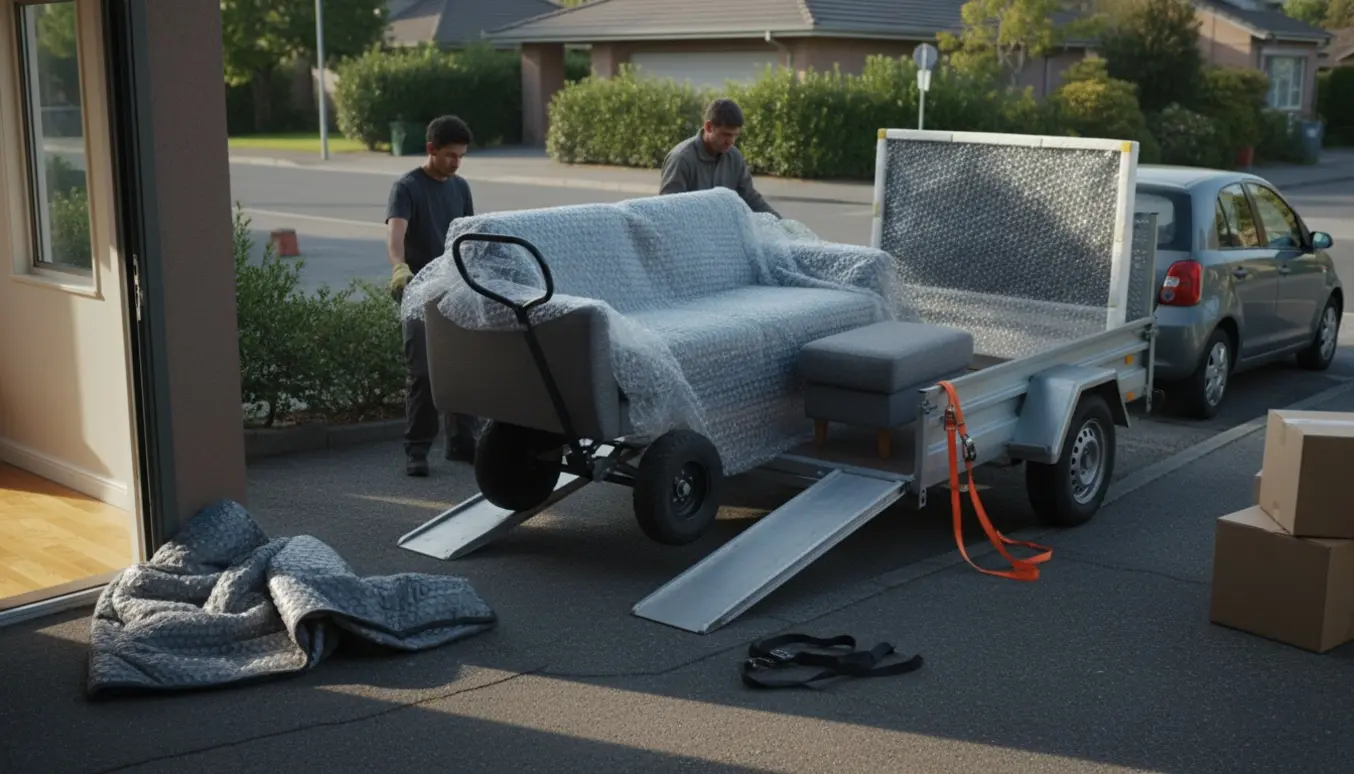 Sofa, lænestol, skammel og indpakket tv læsses fra stueetage på en åben trailer, hjælpere ses kun delvist.