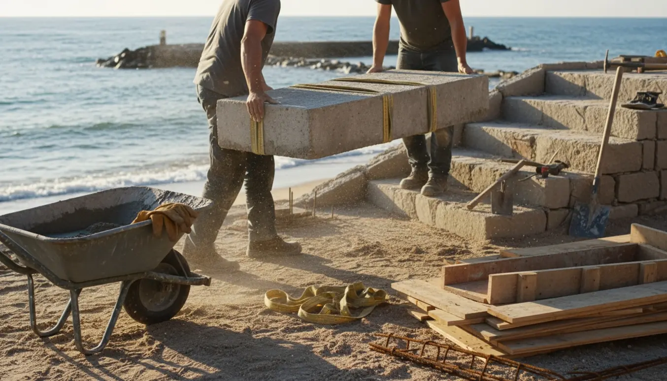 To personer løfter et tungt betonstrin ved kysten omgivet af byggematerialer.