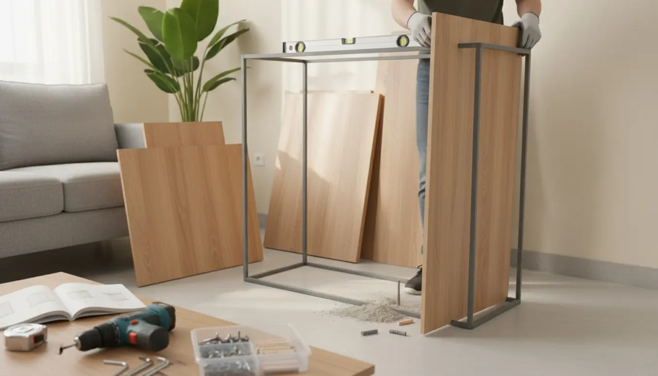 Delvist samlet IKEA-skab i en stue med værktøj og hænder, der bruger en boremaskine mod betonvæggen.