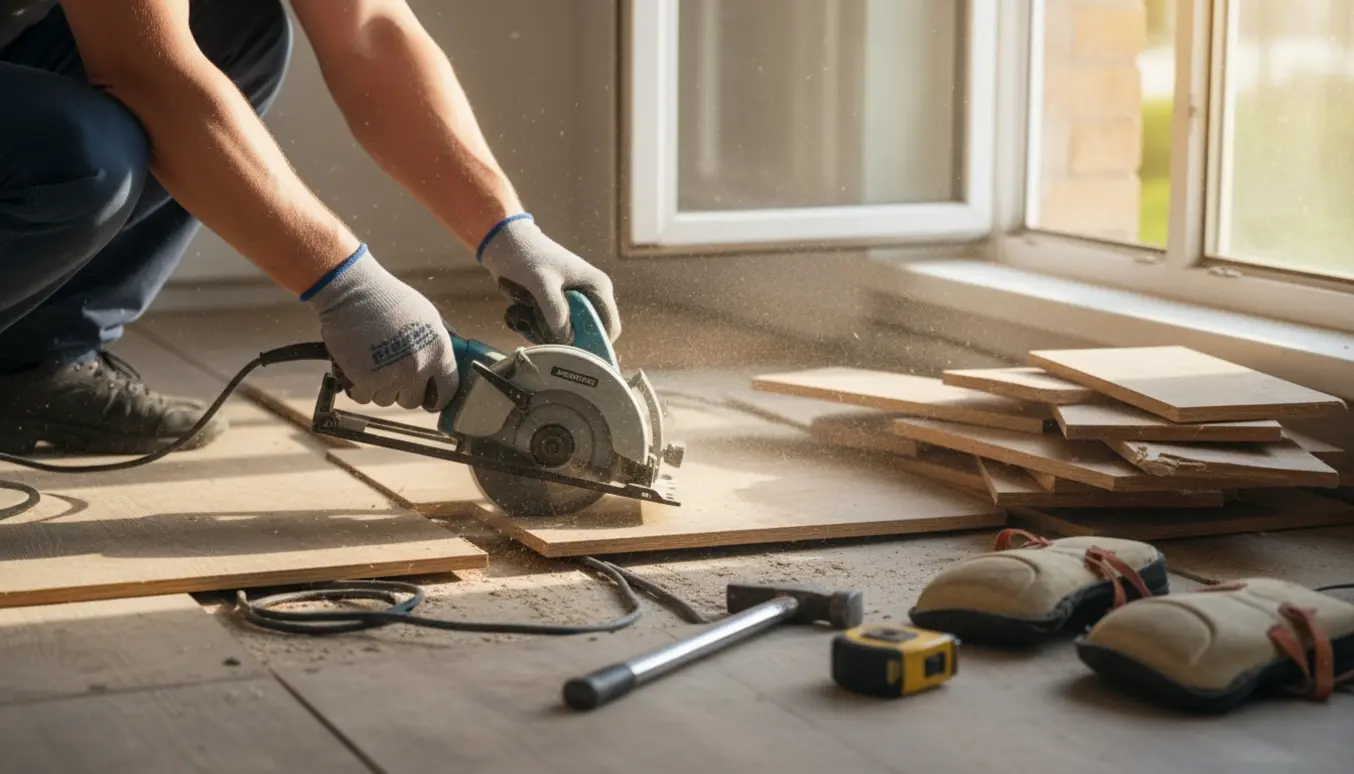 Hænder i handsker fjerner gulvbrædder i et soloplyst værelse med stak af brædder ved vinduet og synligt el under gulvet.