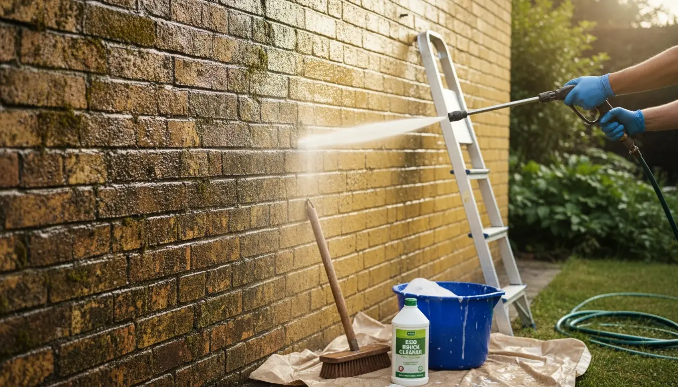 Delvist rengjort gul murstensvæg med højtryksrenser og rengøringsværktøj i forgrunden.