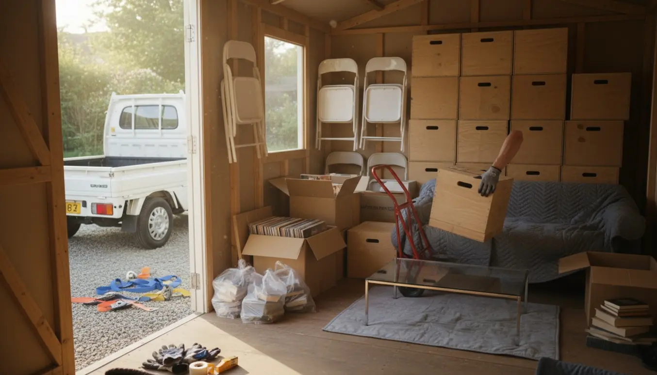 Et åbent baghaveskur med trækasser, papkasser med plader, en indpakket hjørnesofa og et glas-sofabord klar til afhentning.