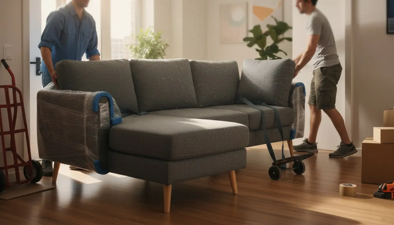 To personer flytter en stor chaiselong-sofa gennem en døråbning med tæpper og flytteudstyr, ansigter ikke synlige.