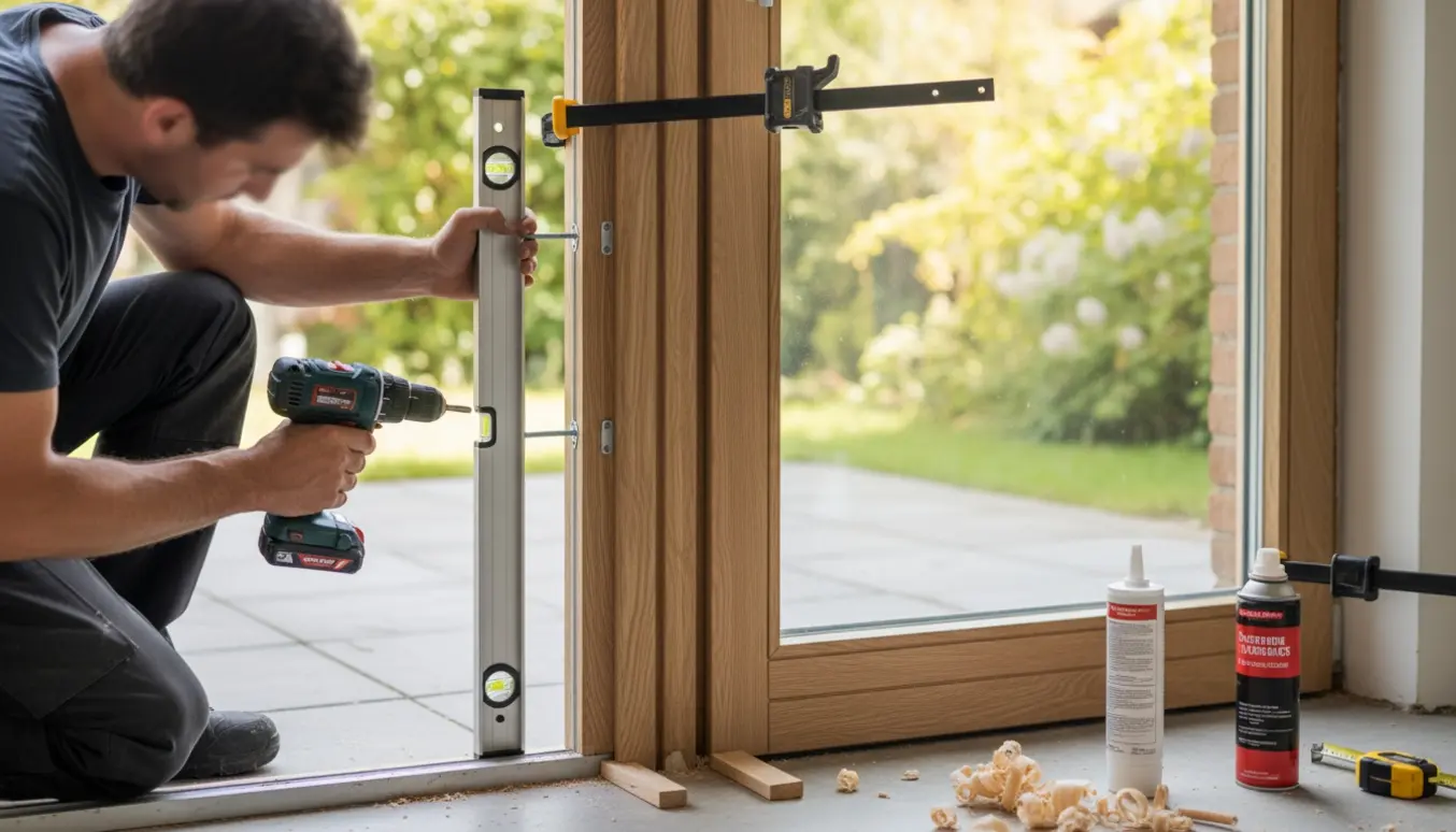 Hænder fra en tømrer, der monterer en trædørkarm ved en terrassedør med boremaskine og vaterpas.