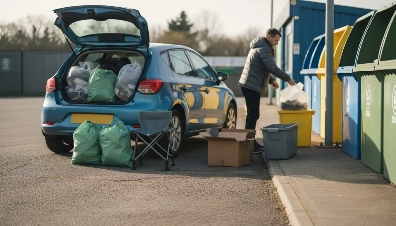 Åben bil ved genbrugsplads med blandet affald og tre sække haveaffald klar til aflevering.