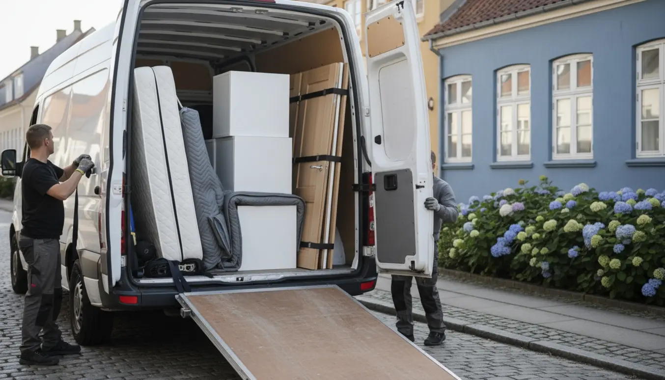 Åben flyttevogn på en rolig villavej med en 160 cm madras, tre indpakkede overskabe og et par døre klar til transport.