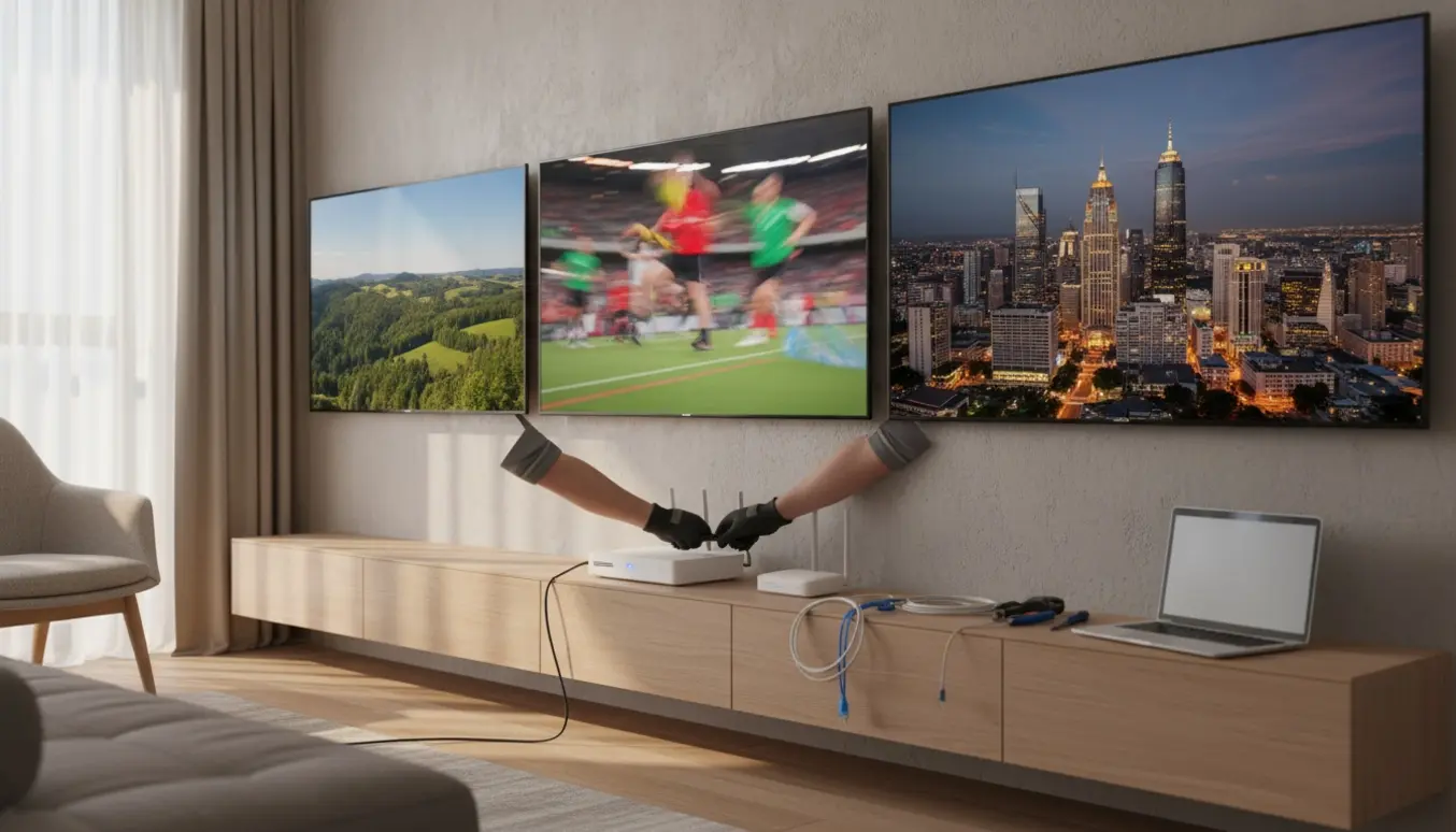 Hænder tilslutter et kabel til en hvid set-top-boks ved tre tændte tv-skærme i en lys stue.