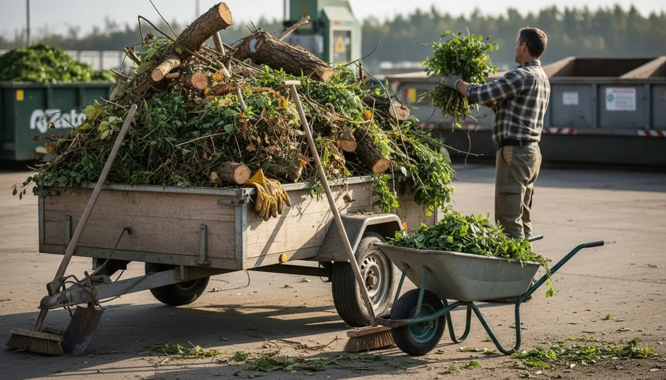 Trailer fyldt med haveaffald ved genbrugspladsen med kost og skovl ved siden af.