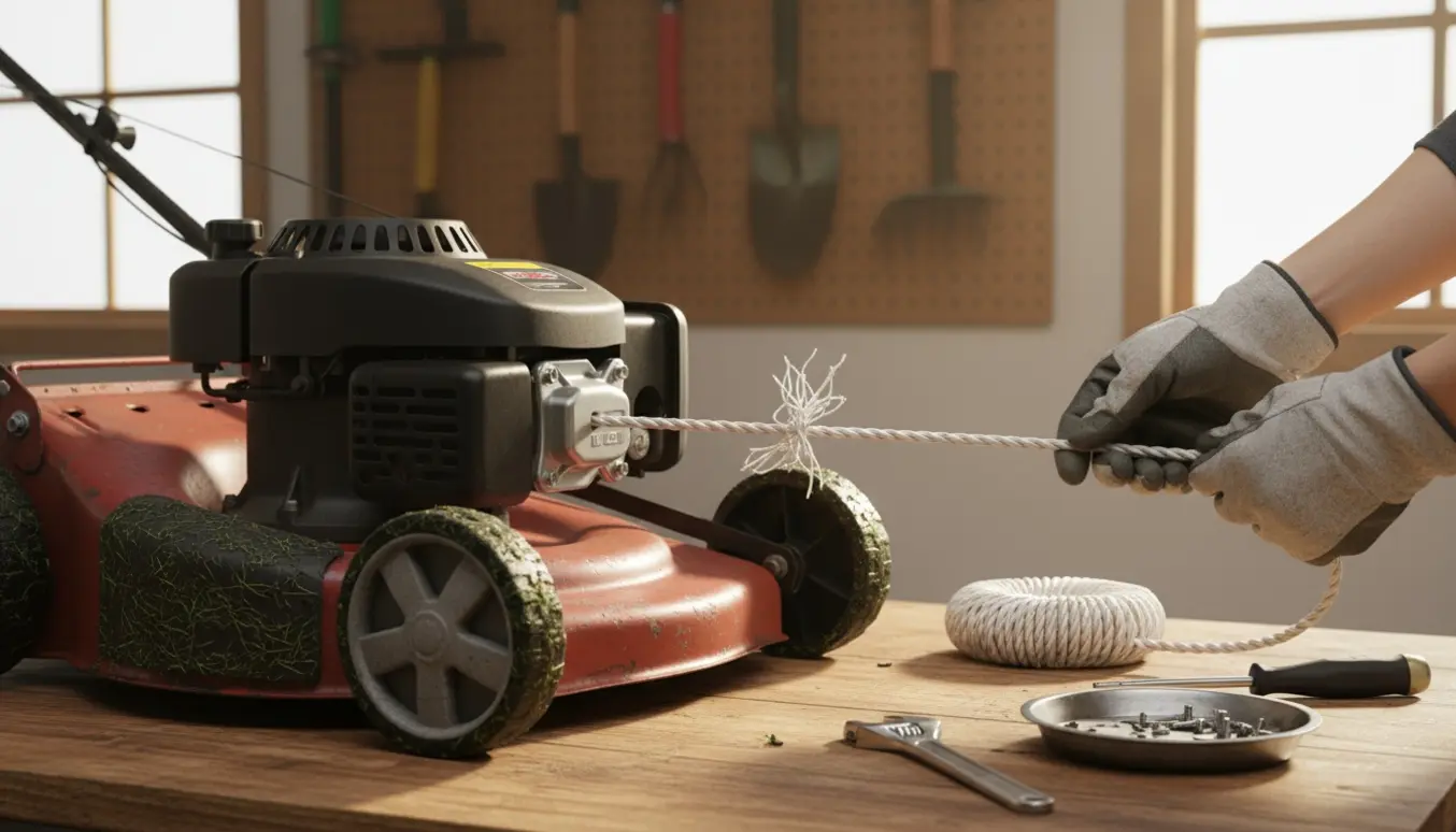 Nærbillede af en græsslåmaskine på værkstedet, hvor en ny startsnor trækkes gennem starteren.