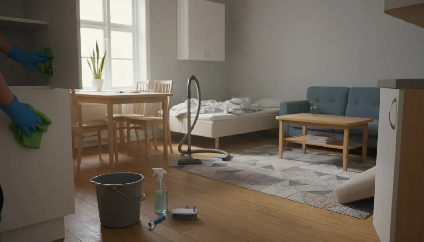 Fraflytningsrengøring i en møbleret lejlighed med handsker og rengøringsudstyr i fokus.