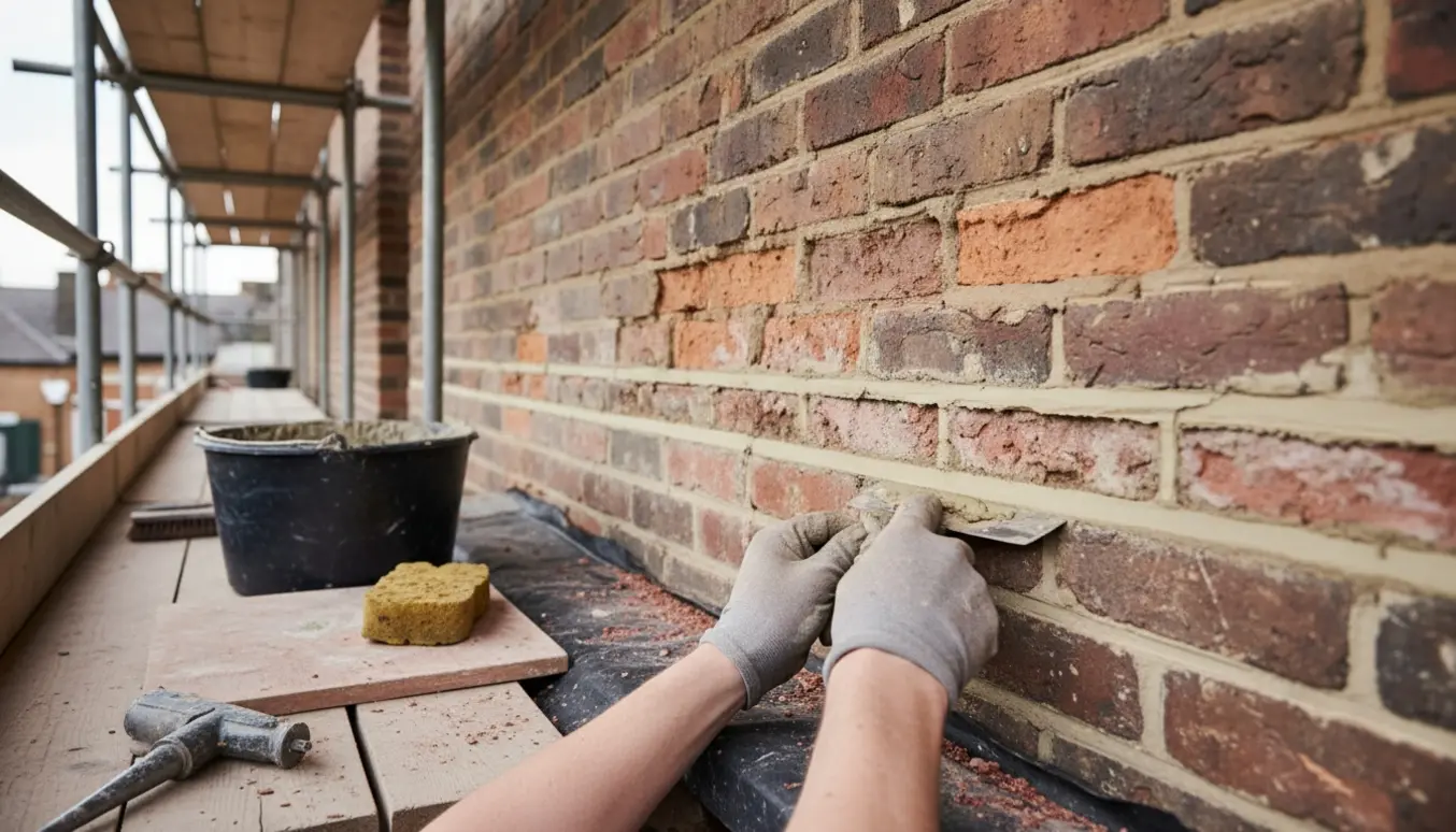 Nærbillede af en hånd fra stillads, der udskifter fuger i murværk med frisk mørtel.