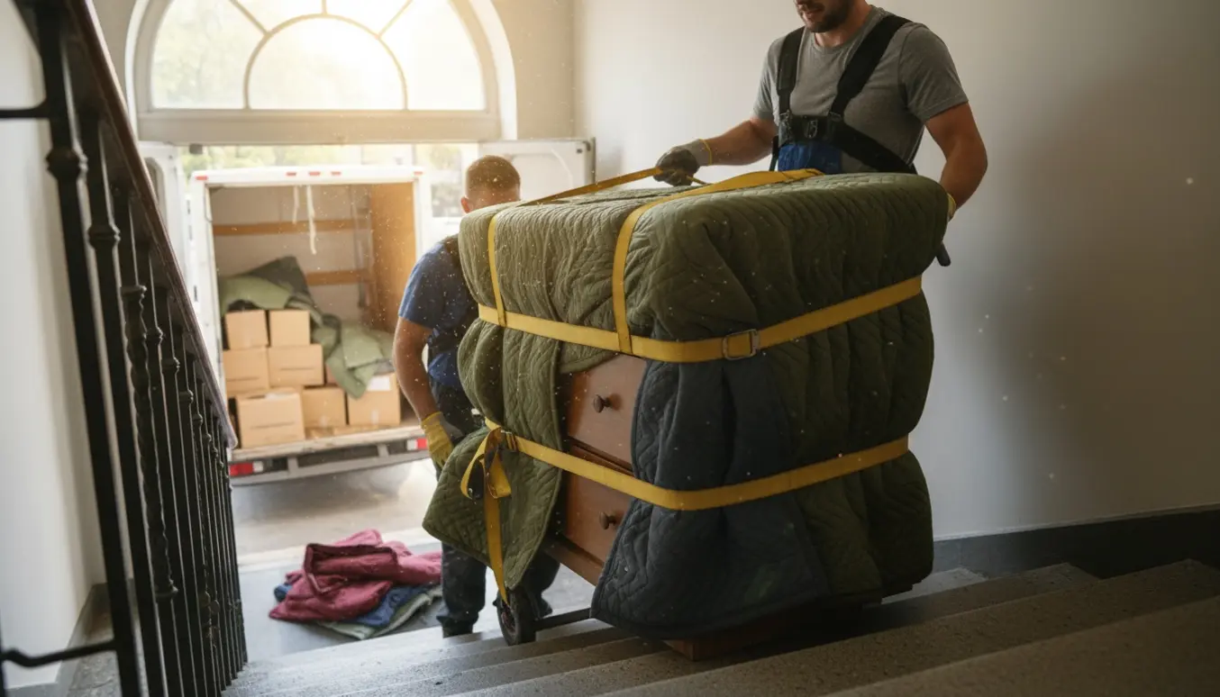 Flyttemænd bærer en indpakket 4-skuffers kommode ned ad en lys opgang med en varevogn udenfor.