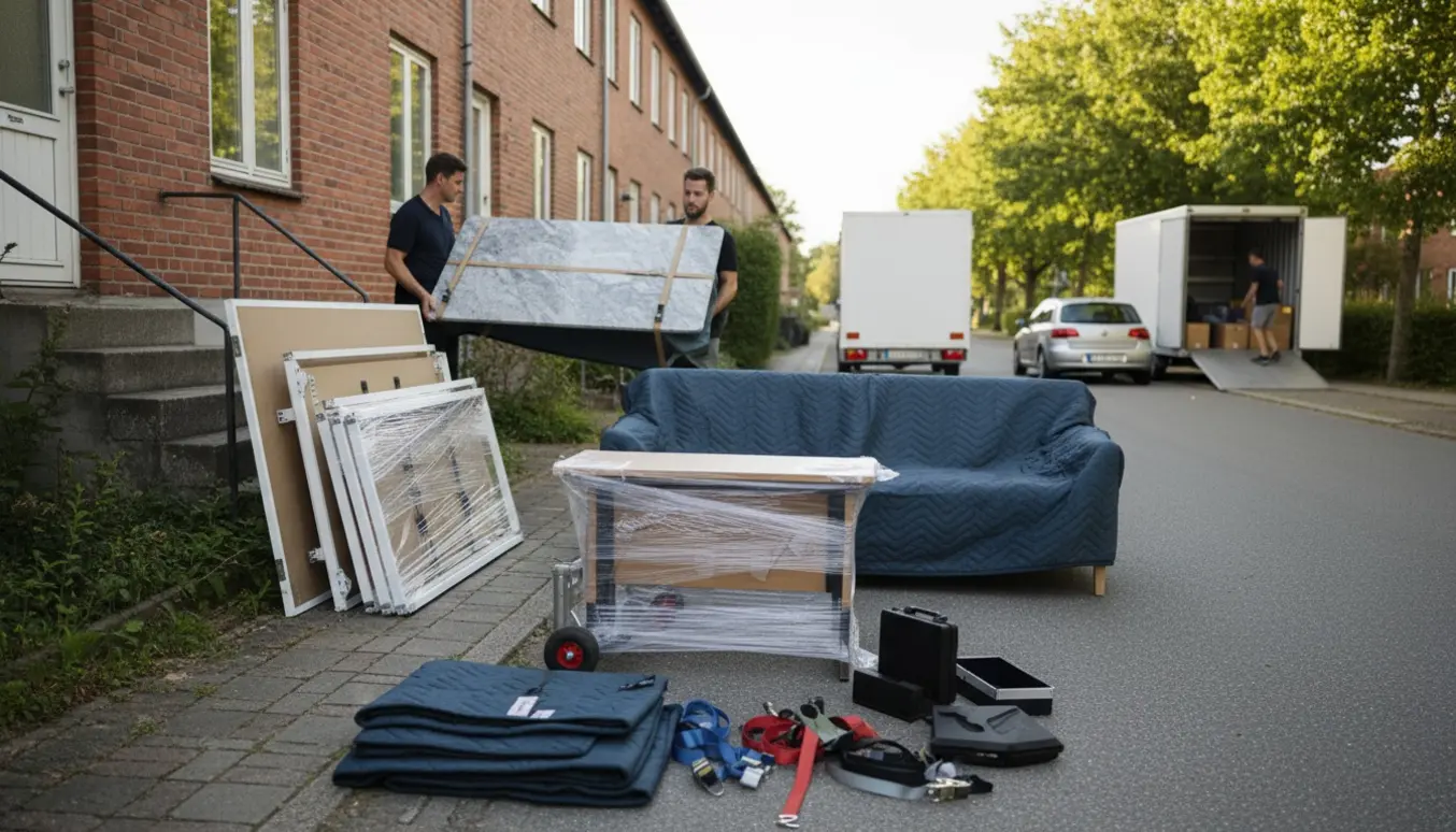 Flyttefolk bærer en indpakket marmorbordplade og andre møbler fra et to-etagers rækkehus mod en lukket trailer og lagerboks.