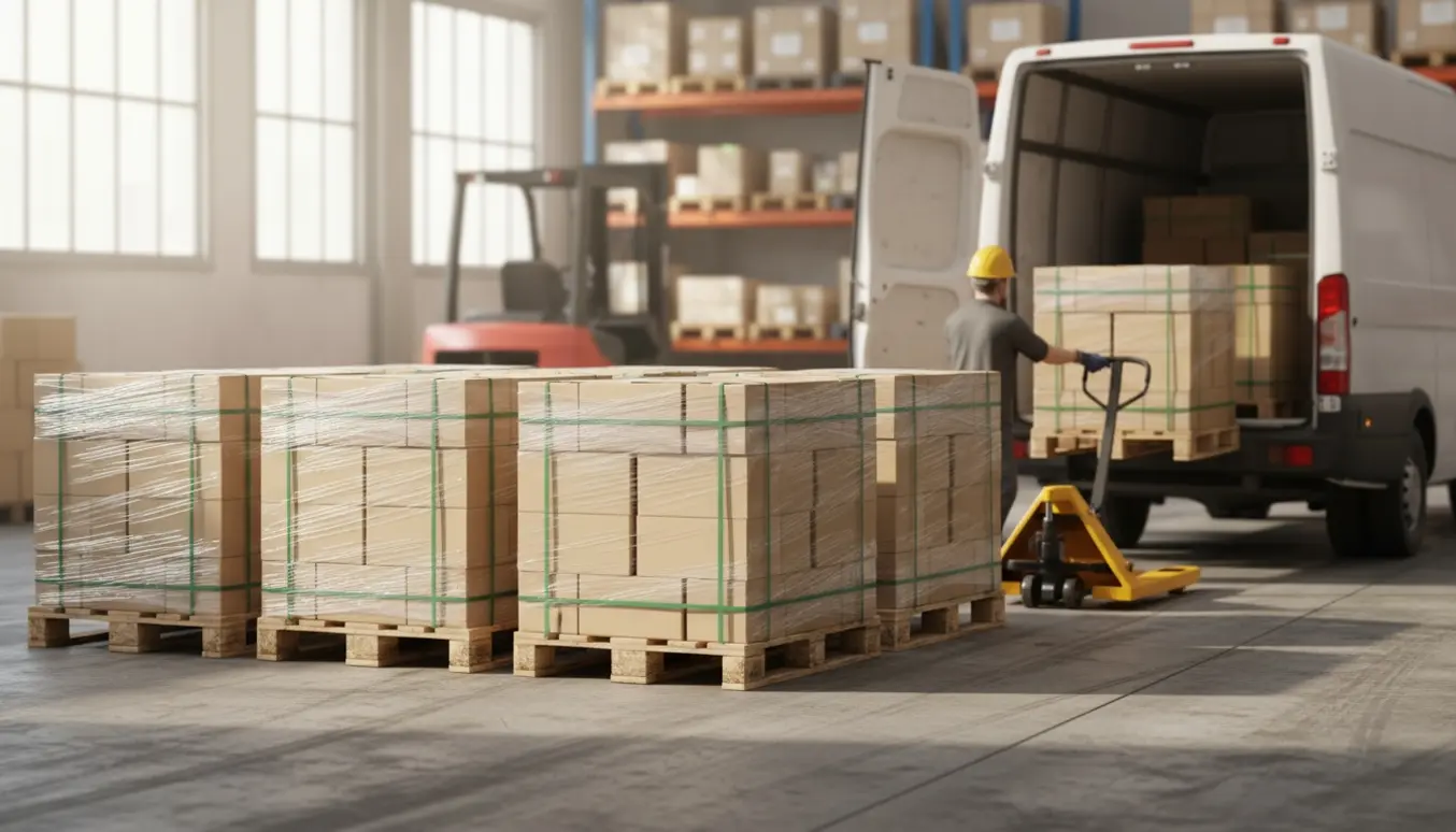 Lagerarbejder laster seks paller med papkasser på en lastbil ved en læsserampe.