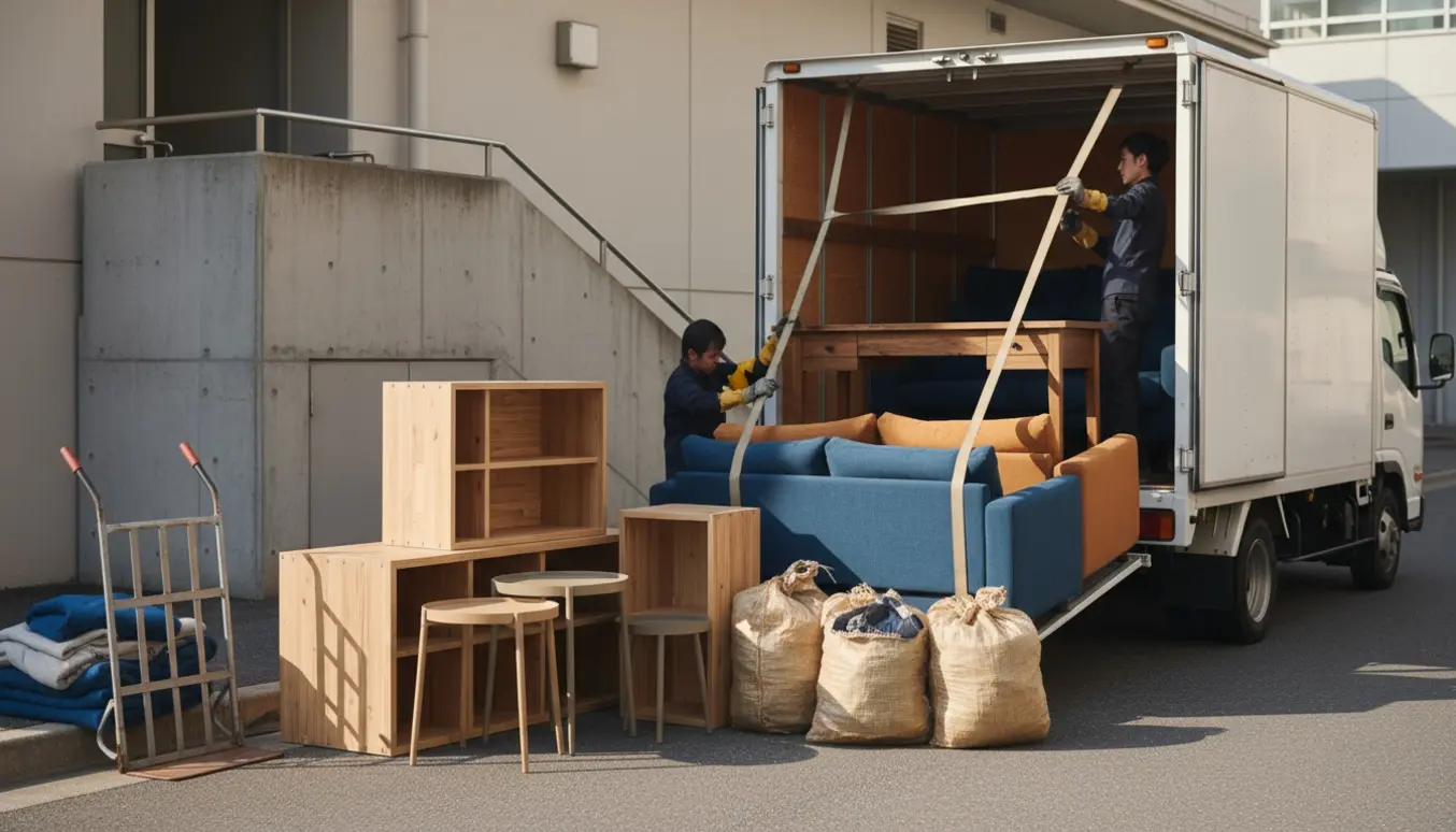 Varebil lastes med sofaer, reoler, små borde, et stort skrivebord og sække med tøj ved en afleveringsplads.