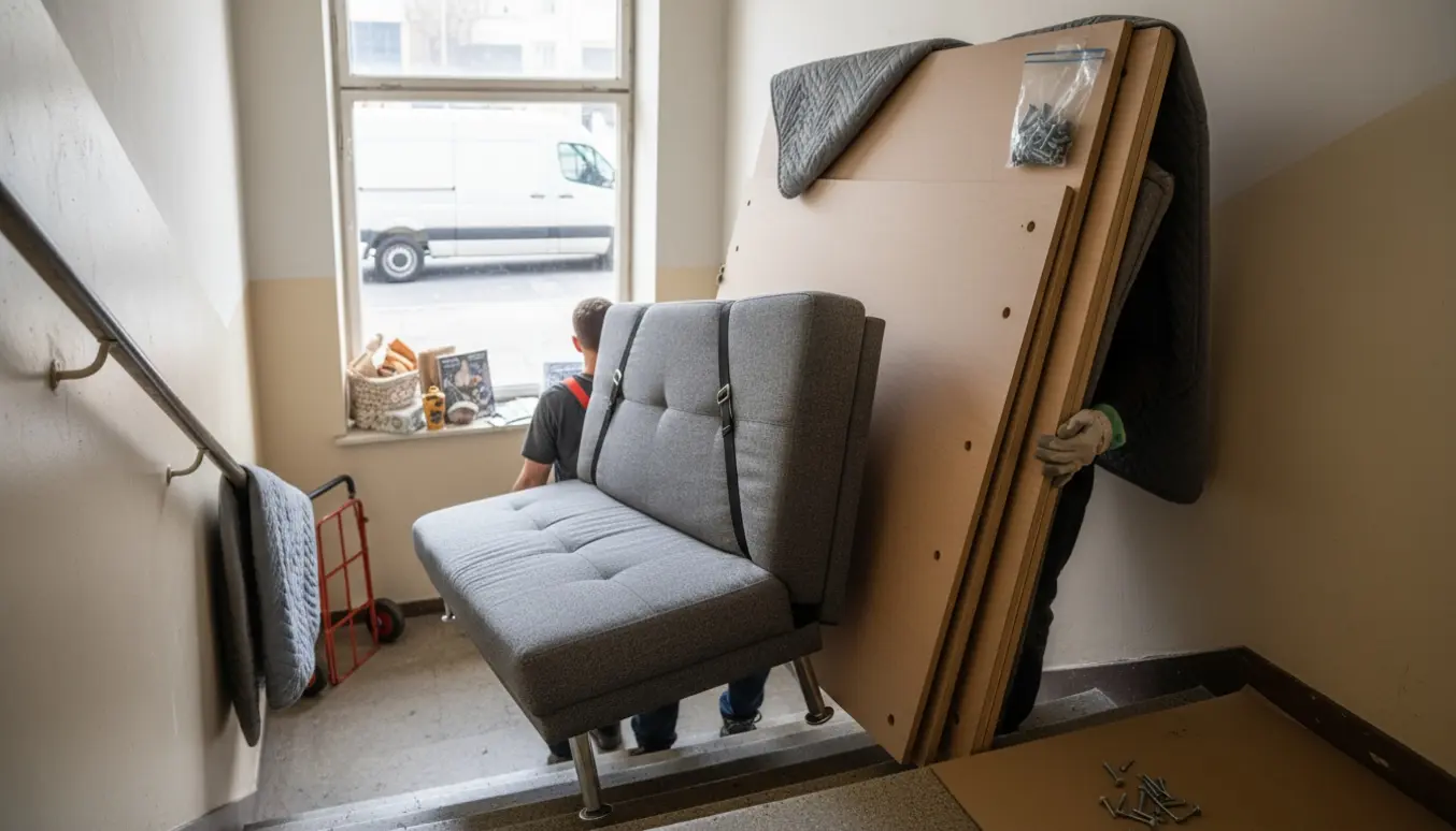To personer bærer en sovesofa og adskilte garderobepaneler ned ad en smal trappe uden elevator.