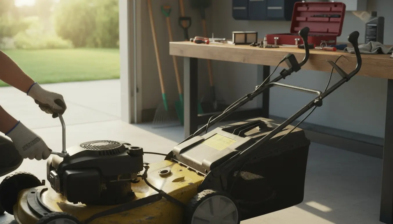 Delvist adskilt plæneklipper i garage med hænder, der skruer en ny klinge på, og værktøj og reservedele på bordet.