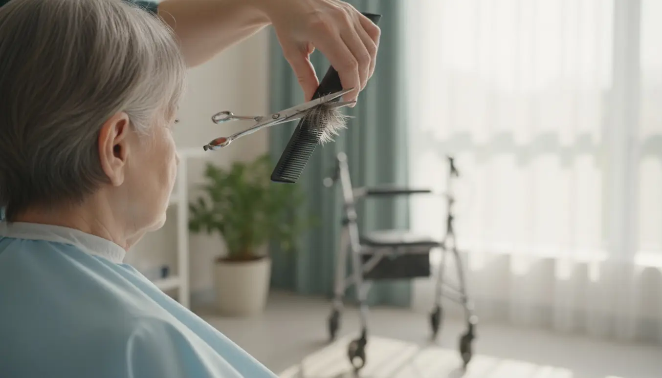Hårfrisør klipper kort gråt hår på en kvinde i et lyst rehabiliteringsrum set bagfra.
