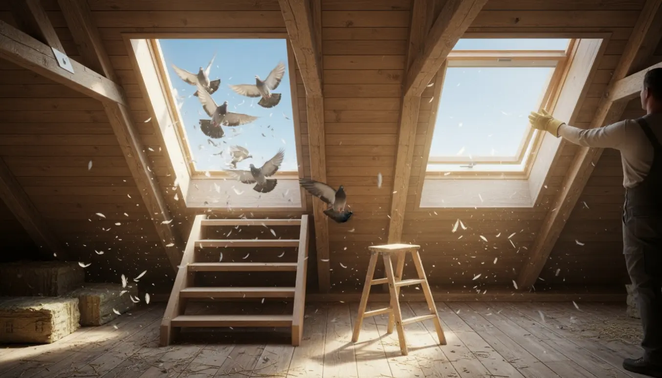 Duer flyver ud af et åbent loftsvindue, mens en handske lukker det andet vindue.
