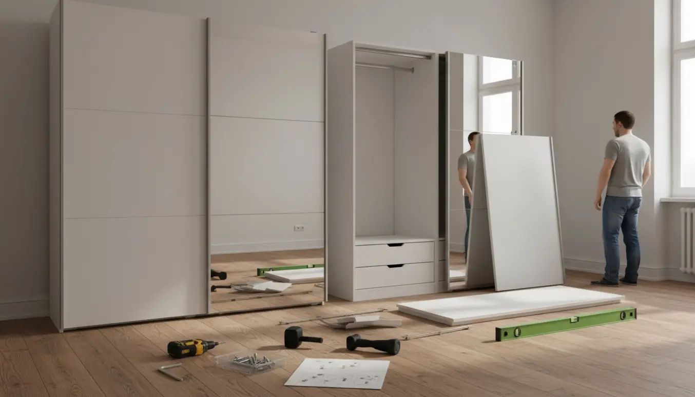 To nyopsatte PAX-lignende skabe med skydelåger og værktøj i et lyst tomt rum.