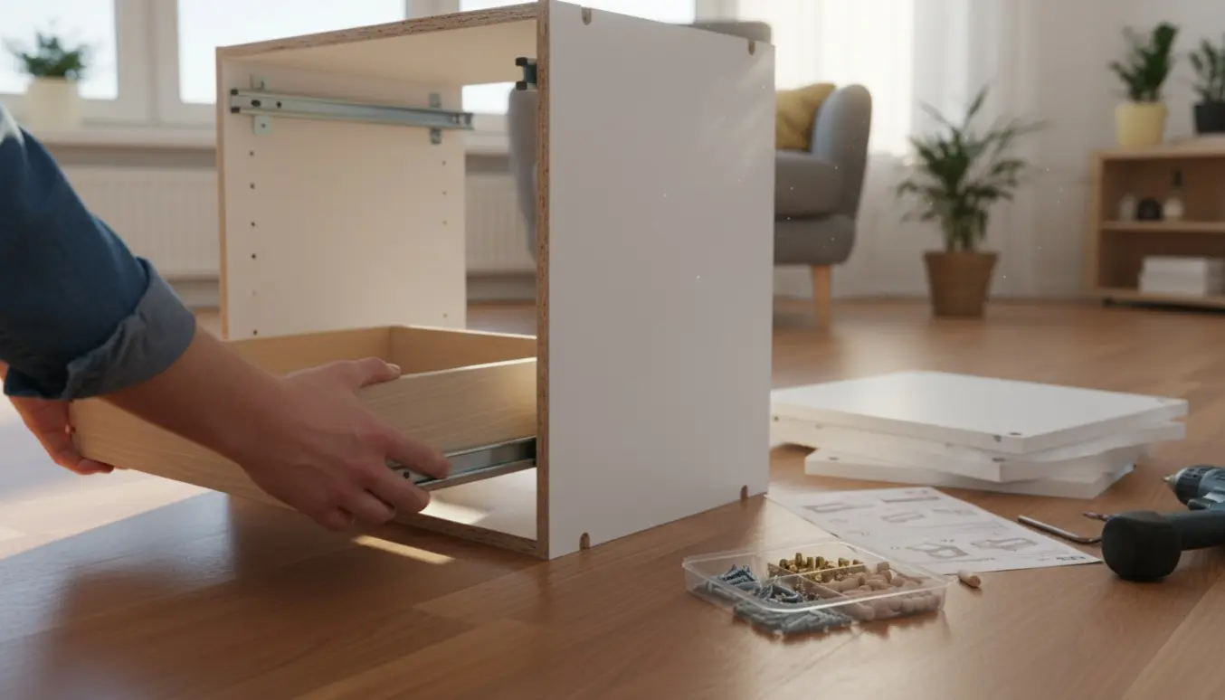 Hænder monterer skuffer og indmad i et hvidt fladpakket skab i et lyst, ryddeligt rum.