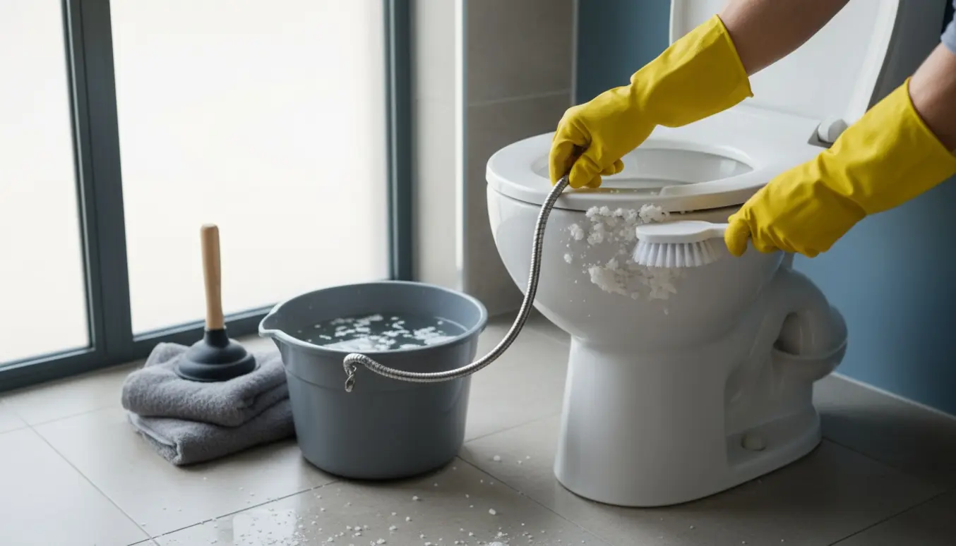 Nærbillede af hænder, der fjerner hvidt salt- og kalkaflejringer fra et toiletafløb med en afløbsslange.