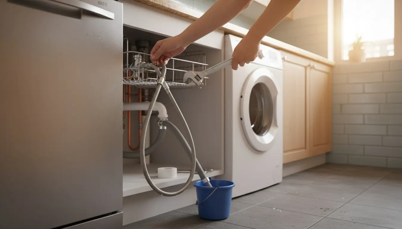 Hænder tilslutter vand- og afløbsslanger til opvaskemaskine og vaskemaskine i et åbent køkkenskab.