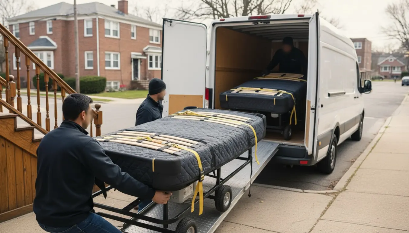 Flyttefolk læsser og bærer dækkede elevationsenge ind i en flyttevogn og ned ad en lejlighedstrappe.