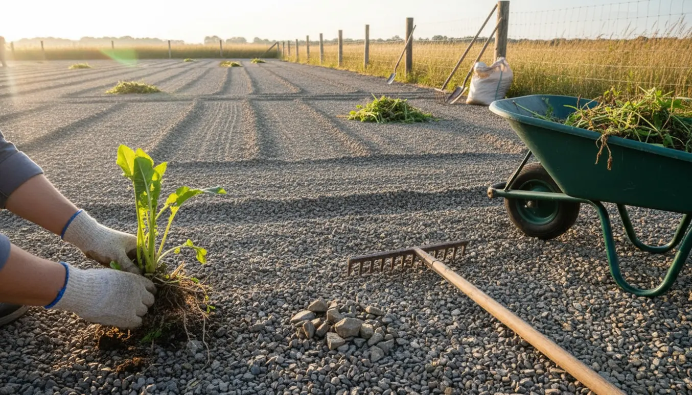 Arbejdshandsker trækker ukrudt op i en grusparkeringsplads med rive og skovl ved siden af.