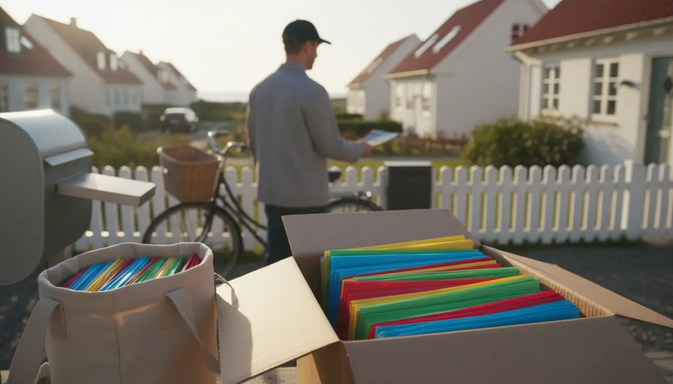 Åben kasse med stabler af flyveblade og hænder, der rækker en flyer foran danske parcelhuse.