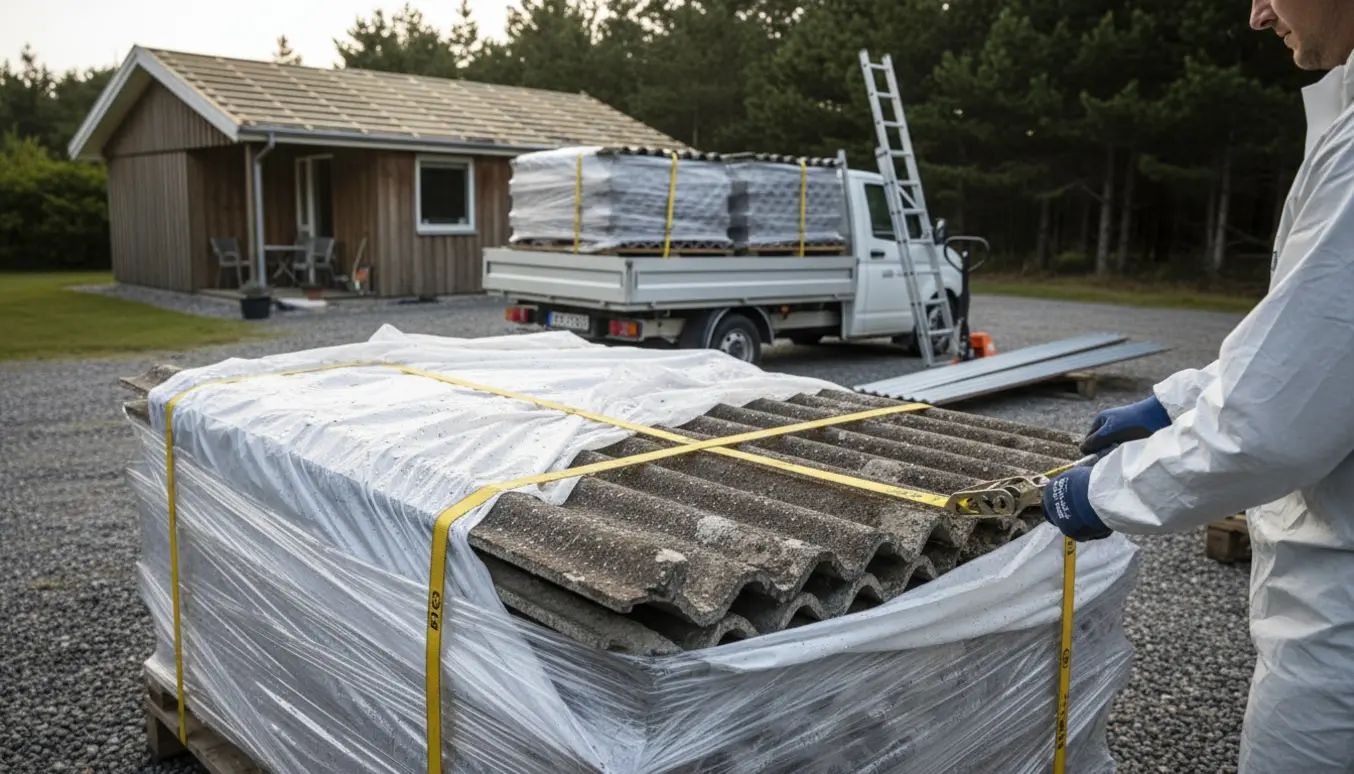 Indpakkede gamle eternitplader på paller ved et sommerhus, klar til at blive afhentet.