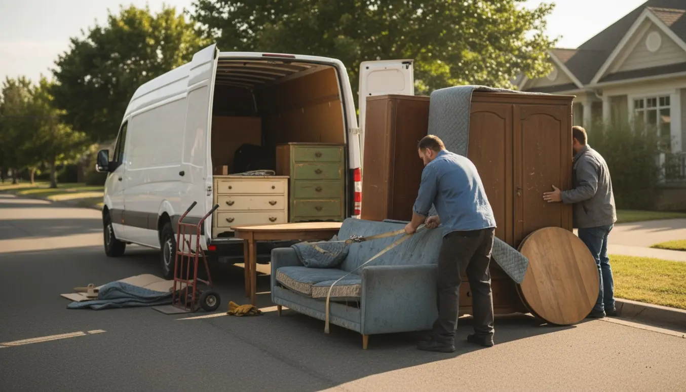 To flyttemænd læsser sofa, skabe, kommoder og et spisebord ind i en varevogn ved fortovet.