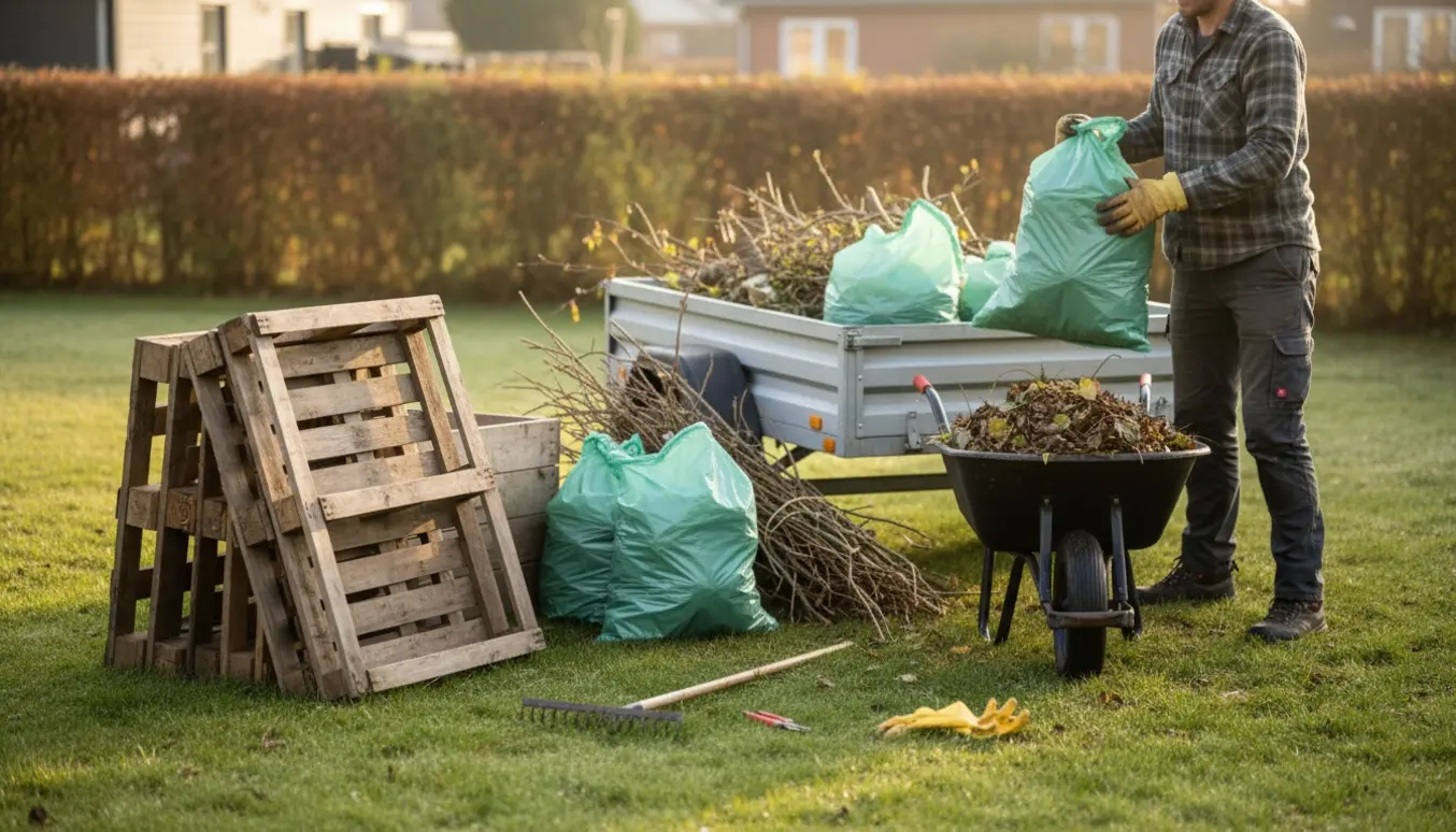 To pallerammer ved siden af trillebør, fyldte haveaffaldssække og en trailer klar til bortskaffelse.