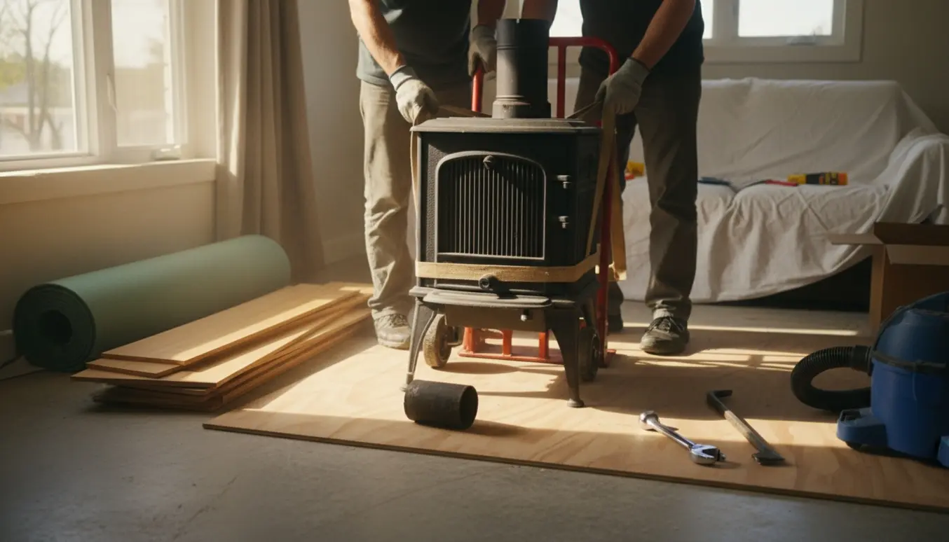 Gammel støbejernsbrændeovn løftes fra en stue for at lægge nyt gulv.