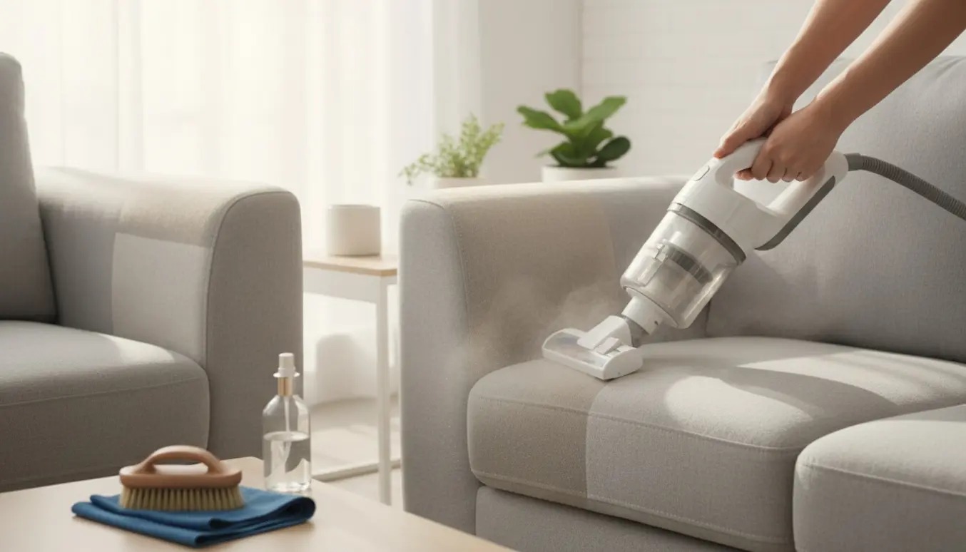 Hænder rengør lysegrå stoflænestol og sofa med håndstøvsuger og blød børste, med synligt før- og efterområde.