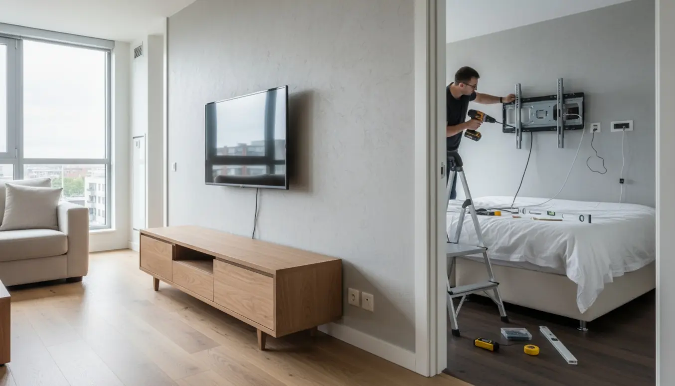 Stue med vægmonteret TV og åbent soveværelse, hvor en teknikers hænder monterer og tilslutter et TV.
