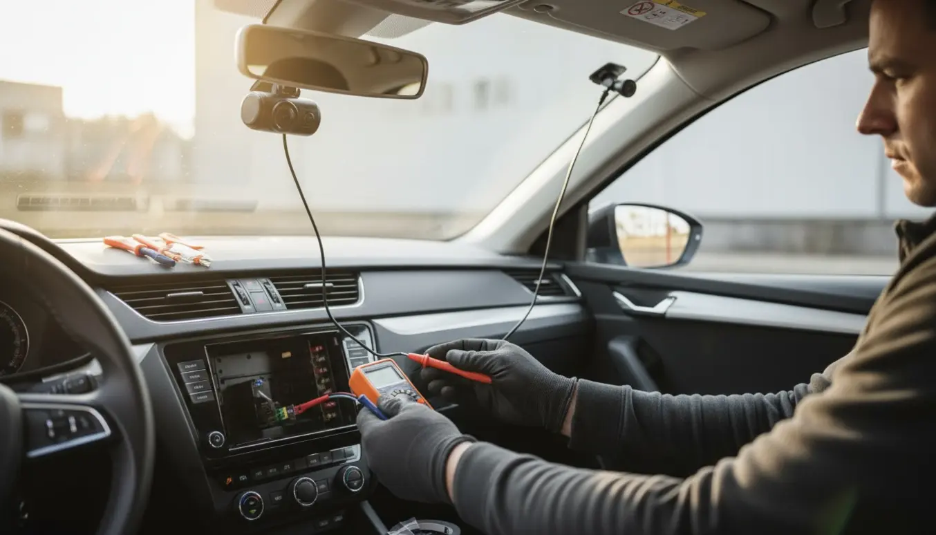 Nærbillede af Skoda Octavia-indvendig med hardwired front- og bagdashcam, kabler ført langs tagstolperne og åben sikringsboks.