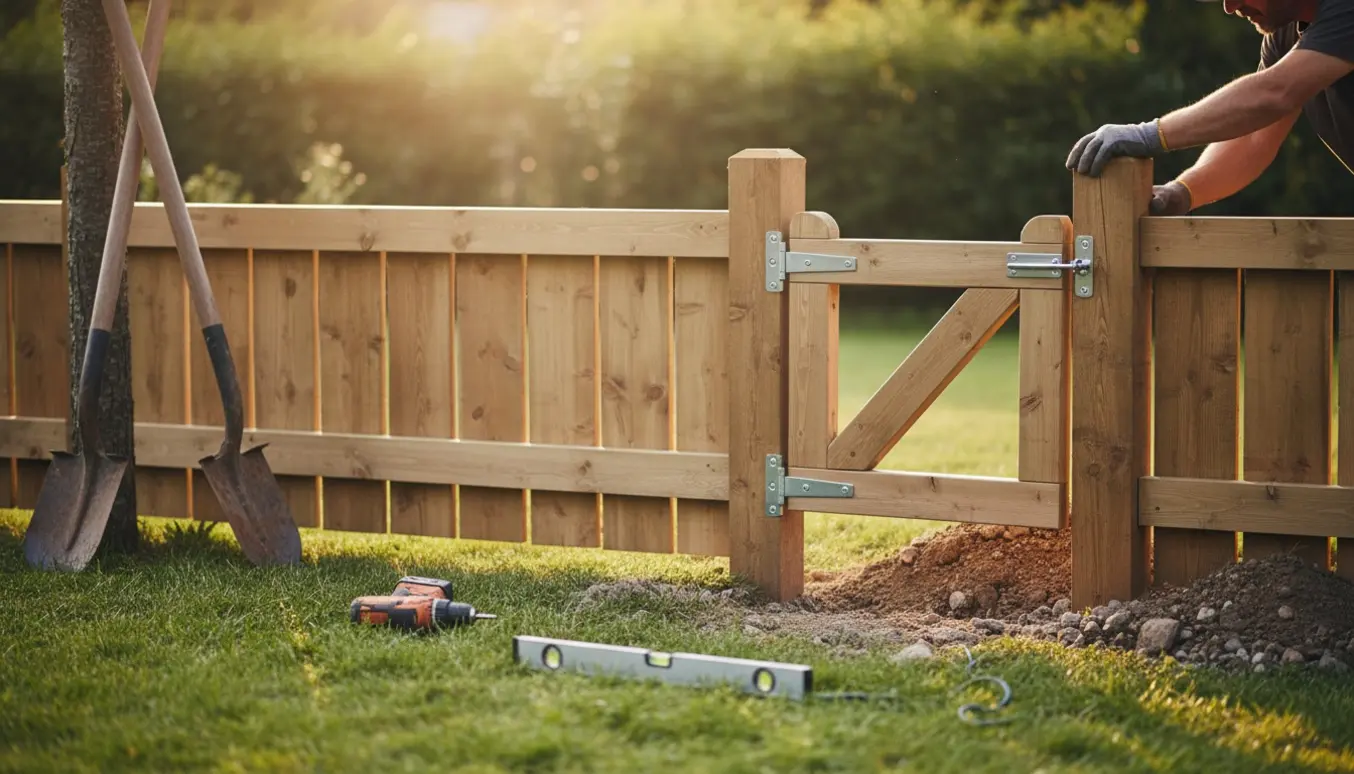 Opsætning af lille træhegn med en let låge, stolper graves ned i lidt stenet jord.