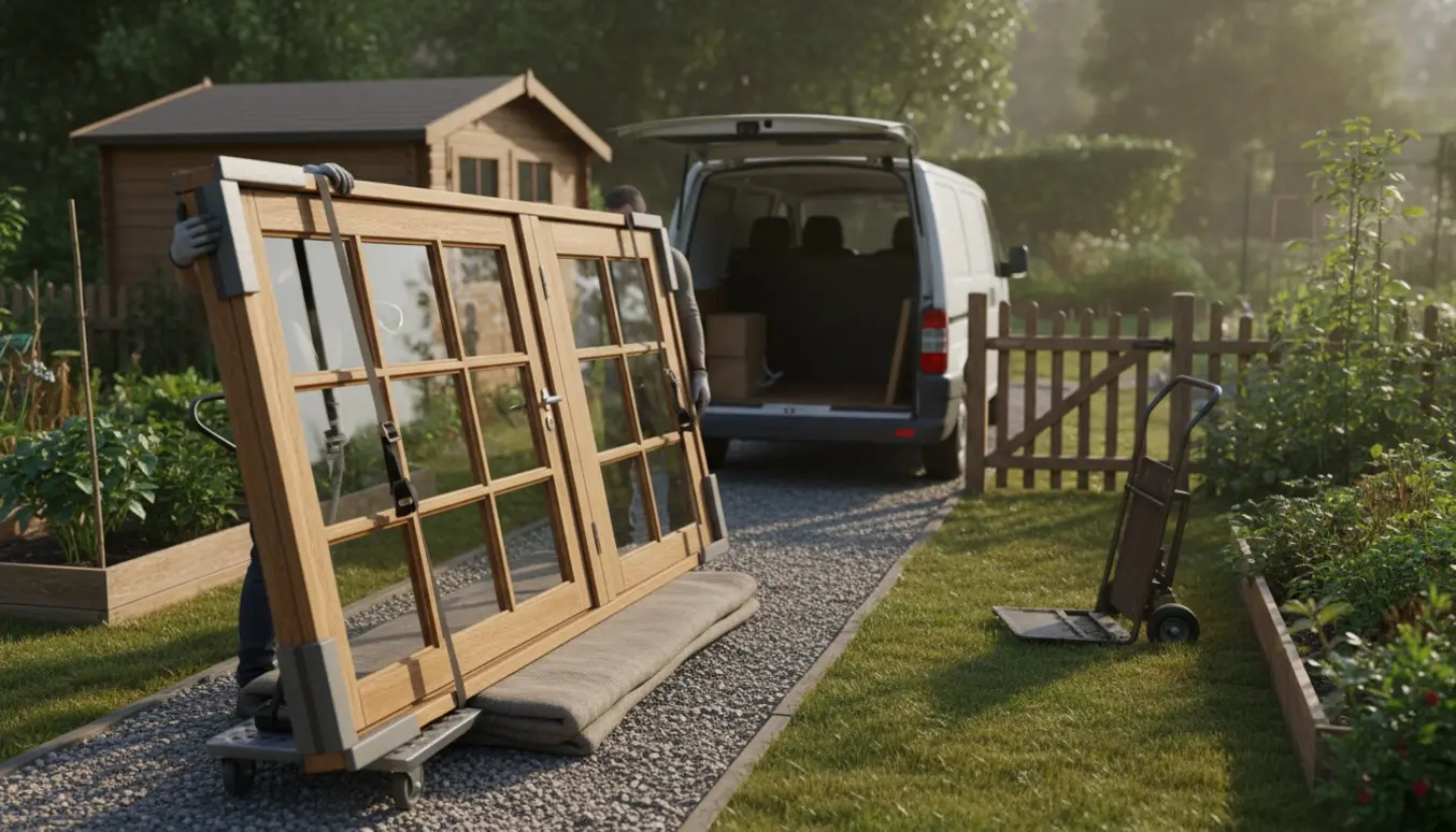 Stor træterrassedør læsses på en varevogn ved en kolonihave i morgensol.