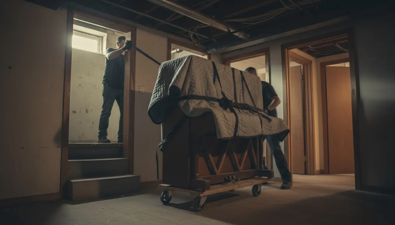 Et kompakt klaver pakket i flyttetæpper trækkes op gennem en kælder og igennem flere døråbninger.