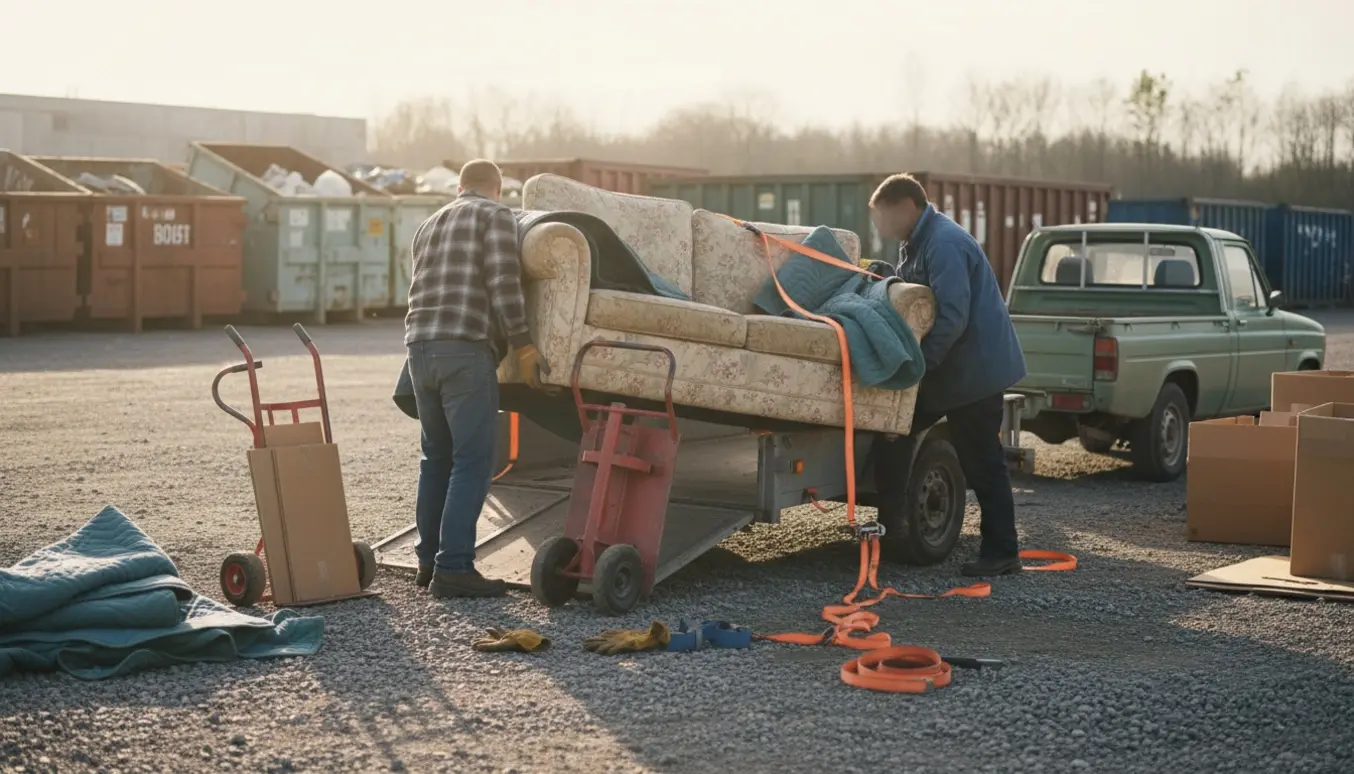 To personer læsser en sofa på en trailer ved genbrugspladsen, ansigter ikke synlige.