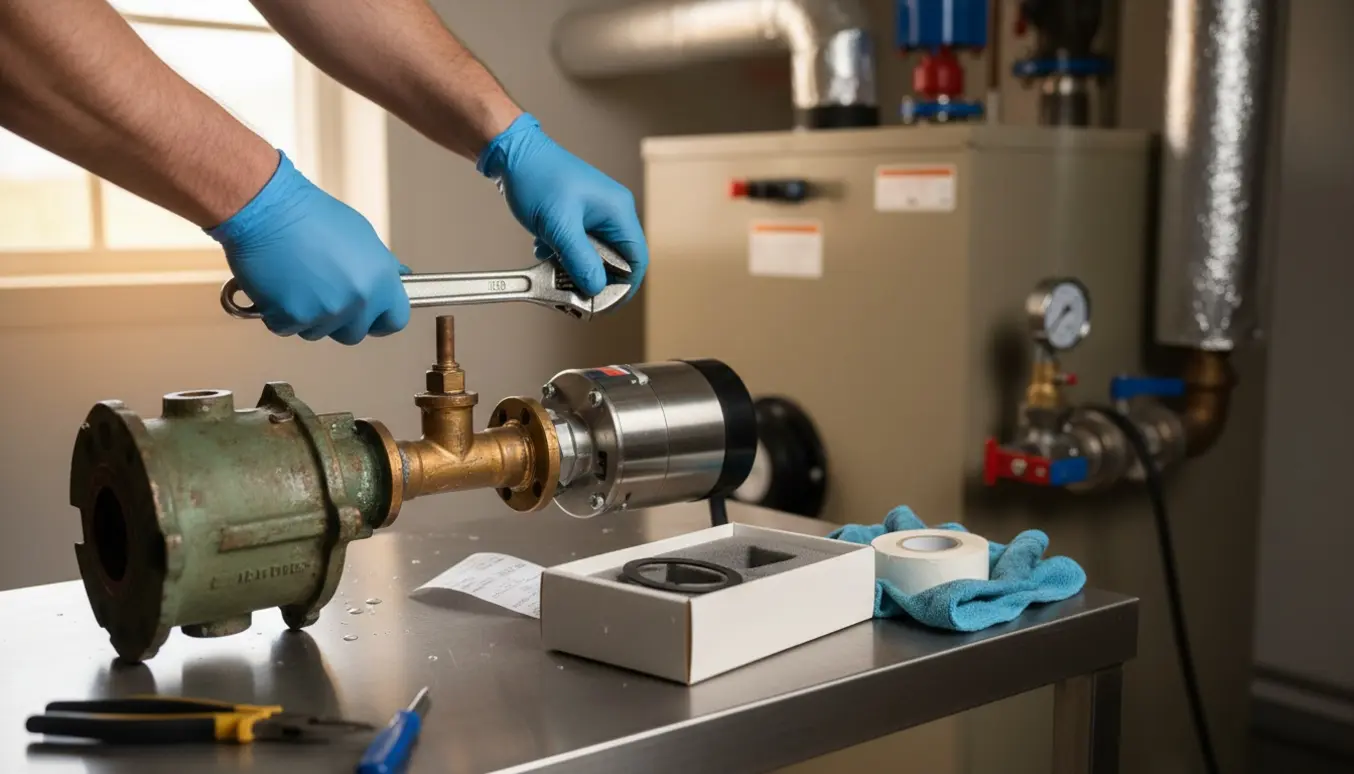 Hænder udskifter en cirkulationspumpe ved en kedel med værktøj og en sløret kvittering ved siden af.