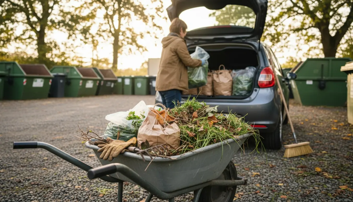 Haveaffald i poser læsses fra en trillebør i bagagerummet på en bil ved en genbrugsplads.