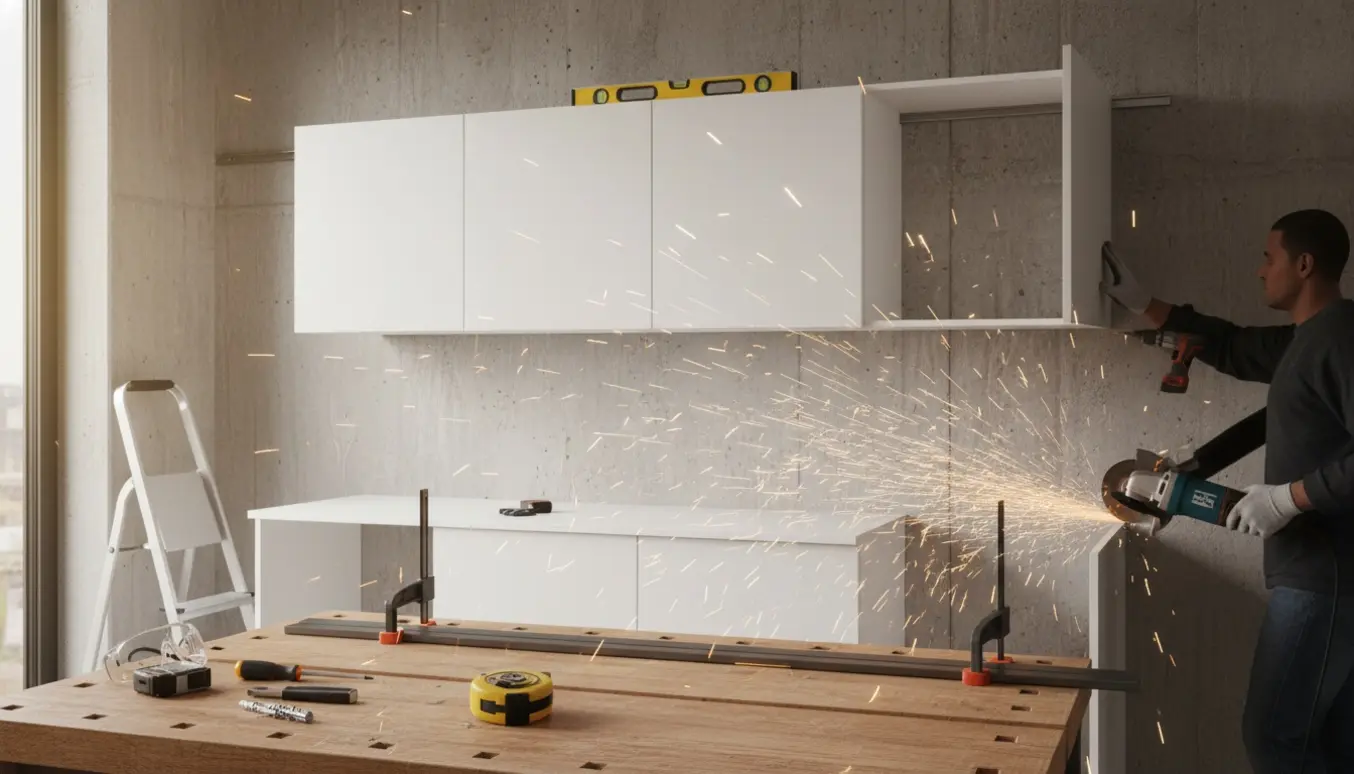 Håndværker forkorter metalskinne og monterer tre hvide overskabe på en betonvæg i et lyst køkken.