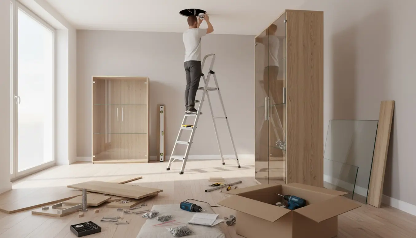 Delvist samlet vitrineskab på gulvet med værktøj og en person på stige, der monterer indbyggede spots i loftet.