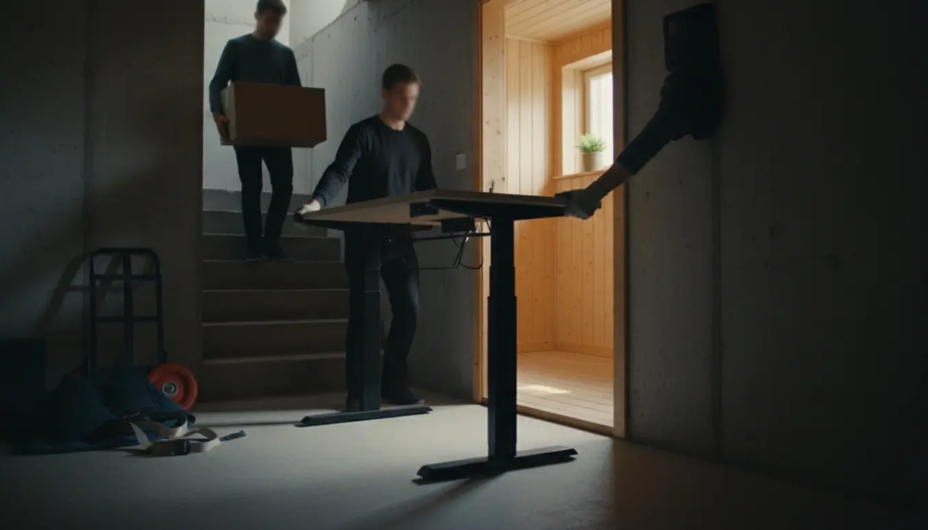 Flytning af et hævesænkebord fra kælder til lyst anneks, mens kasser bæres ned ad trappen.