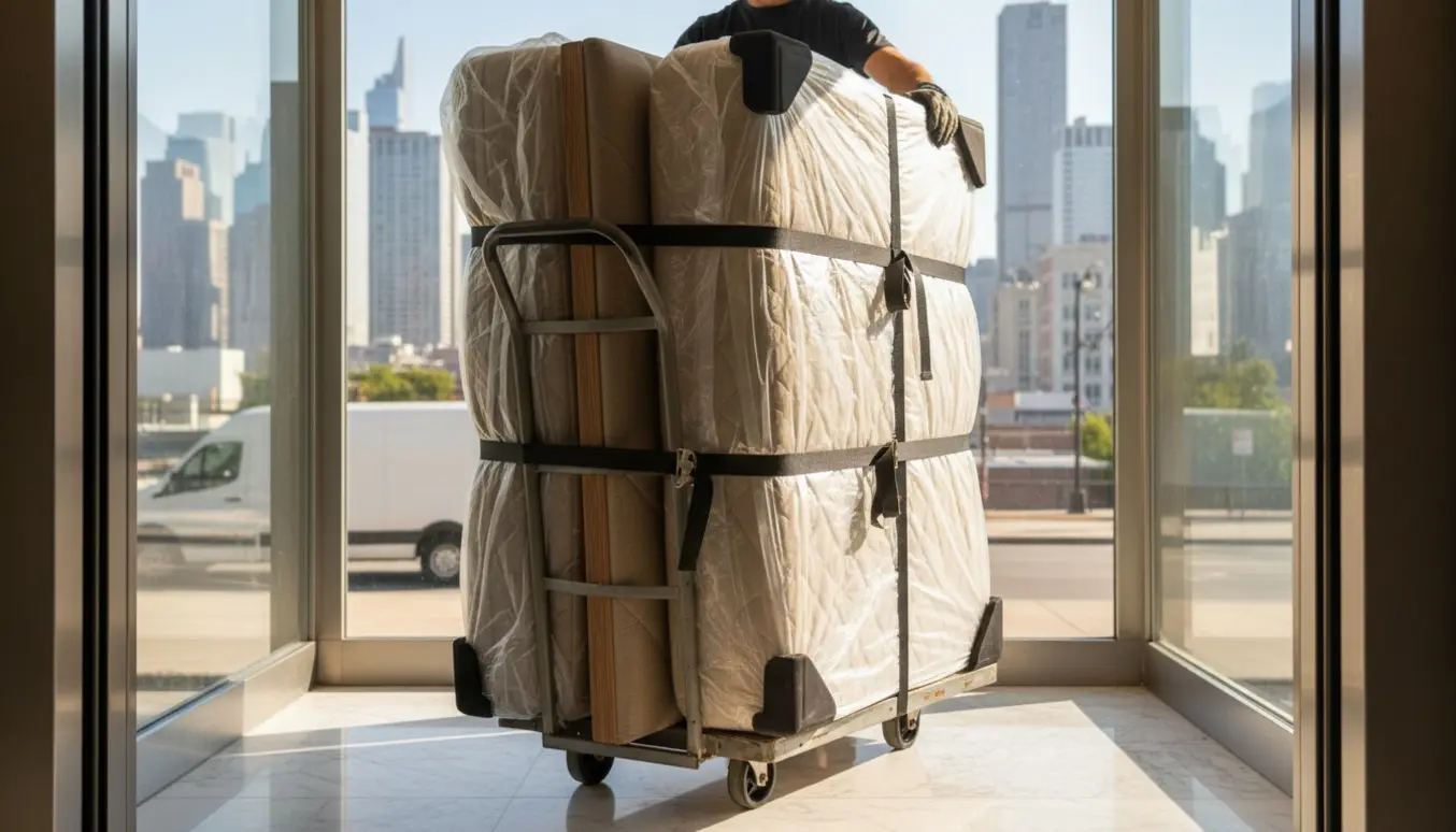 To indpakkede boksmadrasser og en sengegavl på en håndtruck i en glas-elevator med byudsigt.