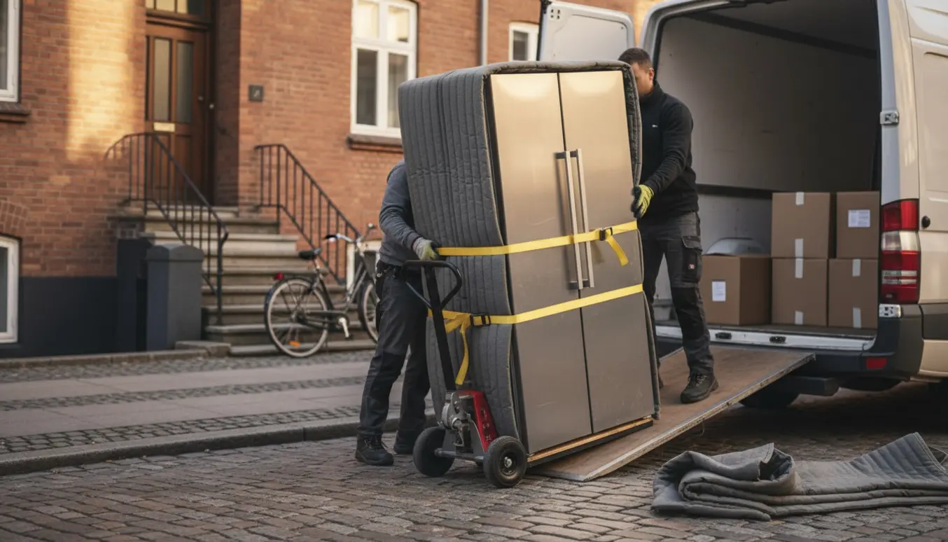 Flyttefolk læsser et kølefryseskab ind i en hvid flyttebil foran en bolig i Århus.