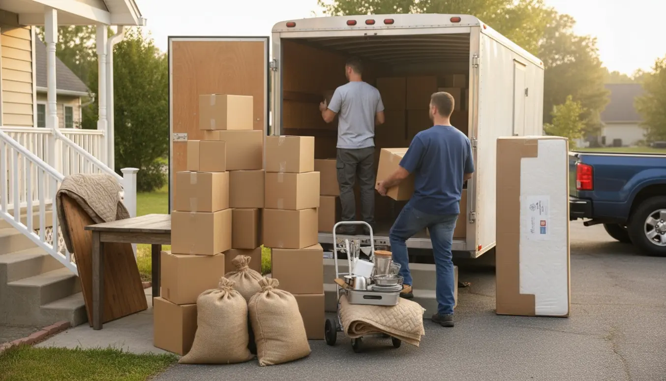 To flyttere bærer kasser op ad fem trappetrin til en åben flyttetrailer med møbler og sække.