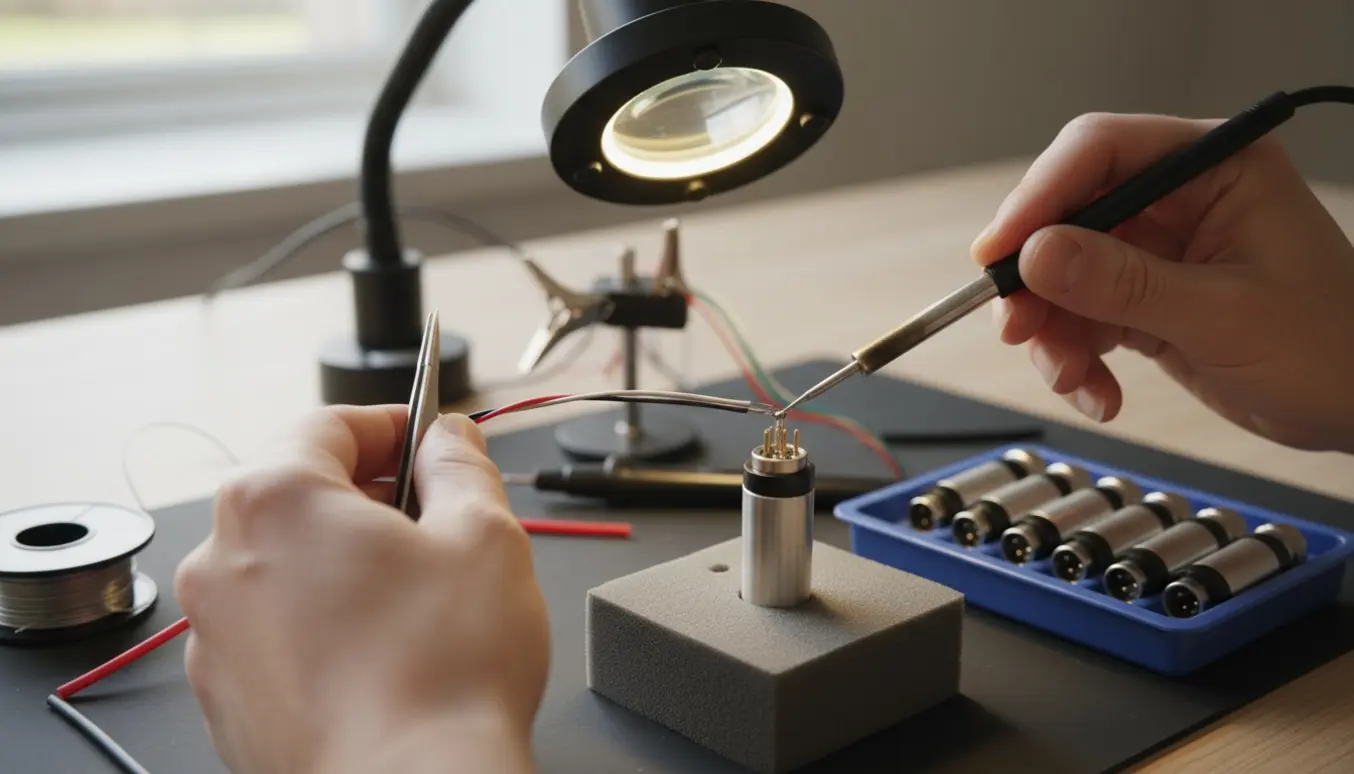Nærbillede af hænder, der præcist lodder otte PowerLink-stik på et ryddeligt arbejdsbord.